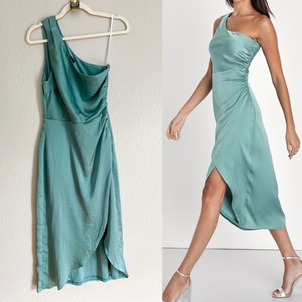 Aesthetic of Elegance Dark Sage Ruched One-Shoulder Midi Dress